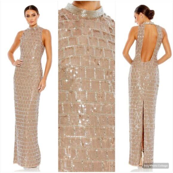 Mac Duggal Taupe Sequined High Neck Sleeveless Column Gown 10 NWT - Picture 1 of 5